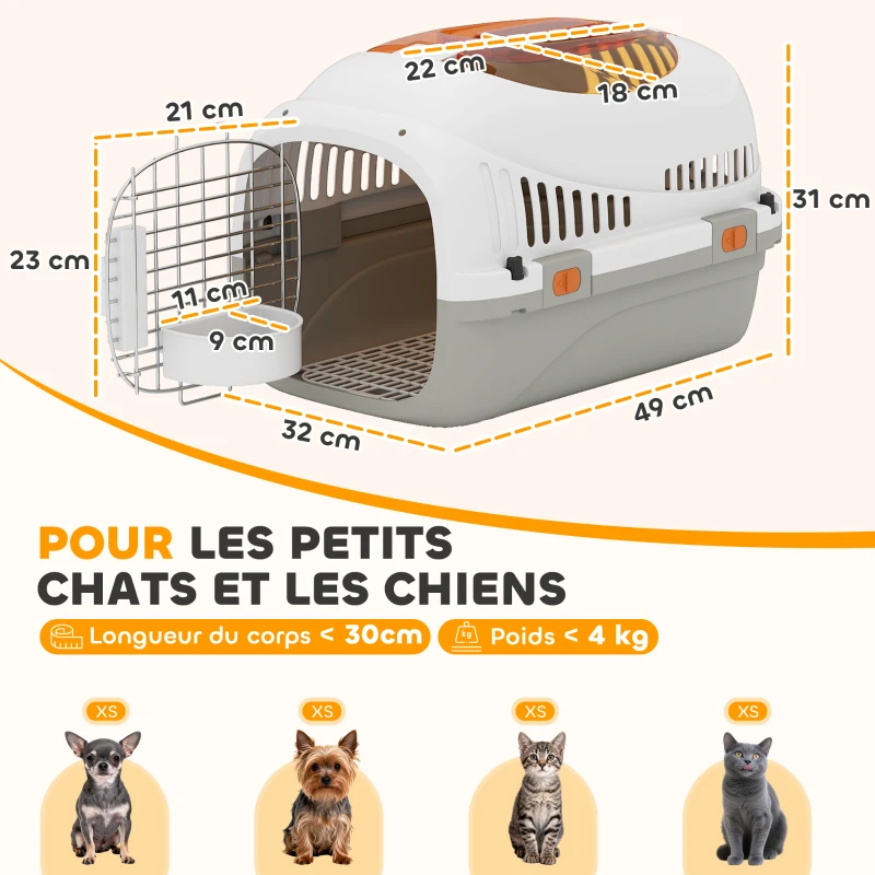 PawHut Caisse de transport chat et chien, cage de transport avec porte acier, bol de nourriture, 49 x 32 x 31 cm, gris et crème
