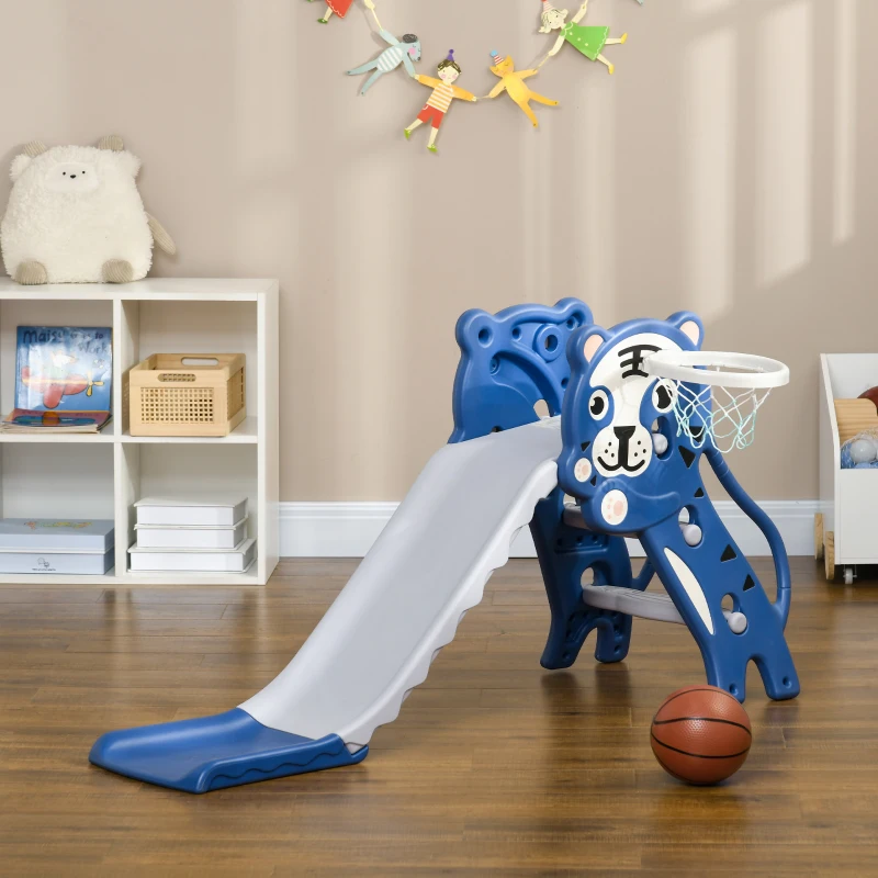 AIYAPLAY Toboggan pour enfants, toboggan intérieur pour enfants, avec panier de basket, thème tigre, de 18 à 36 mois, bleu