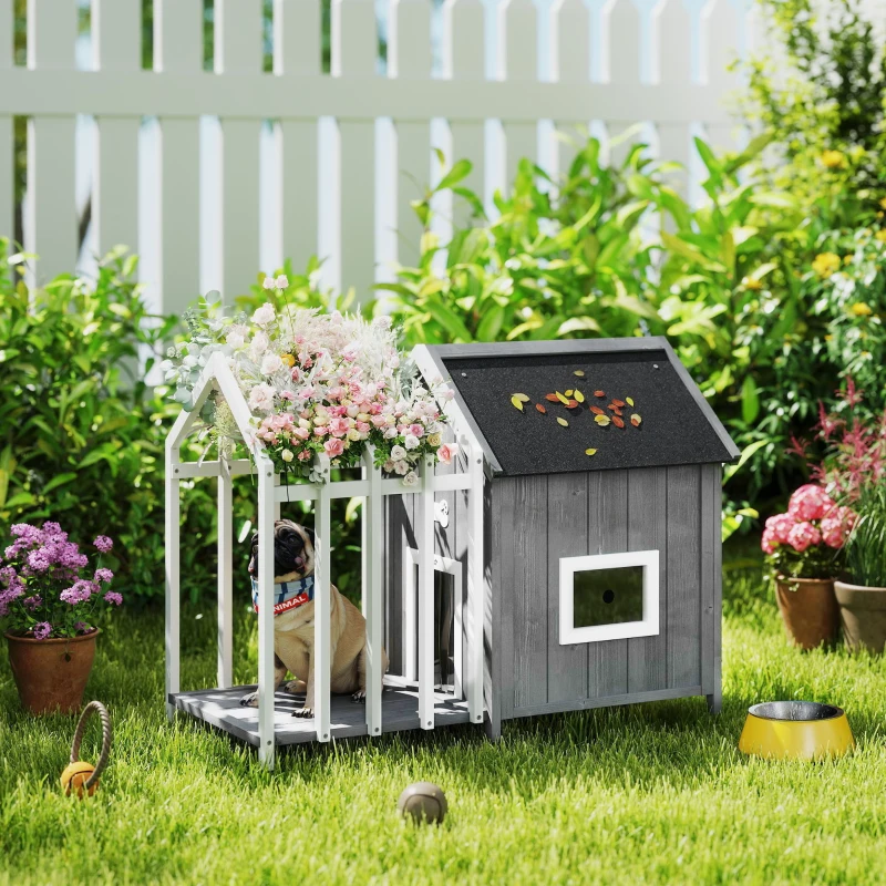 PawHut Casinha para cachorro externa em madeira casa para cachorro externa com terraço, porta de lamelas, 106 x 62,5 x 80,5 cm, cinza