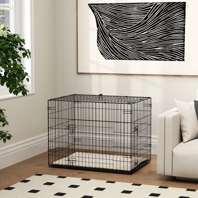 PawHut Hundekäfig klappbar Hundebox mit 2 Türen, Transportkäfig mit ausziehbare Bodenschale Kissen 75 x 48,5 x 53 cm Schwarz