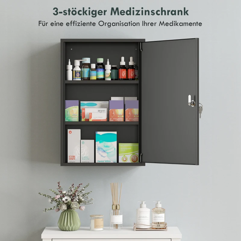 kleankin Wand-Medizinschrank, Badezimmerschrank mit 3 Regalböden, 2 Schlüsseln, 40 x 18 x 60 cm, Schwarz