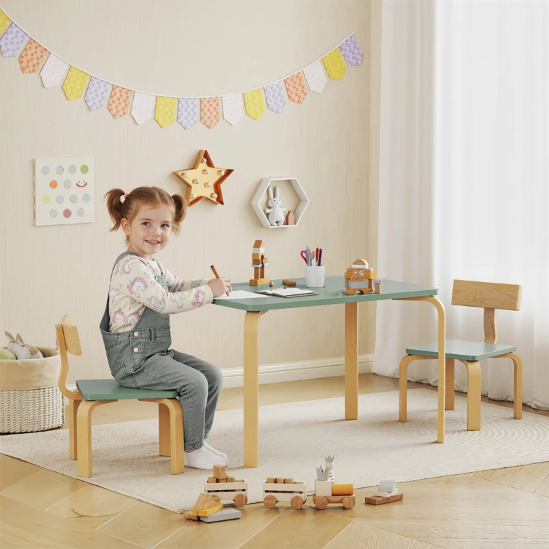 AIYAPLAY Table enfant avec chaises, lot table et 2 chaises enfant en bois pour dessiner, jouer, étudier, 78x53x53cm, vert