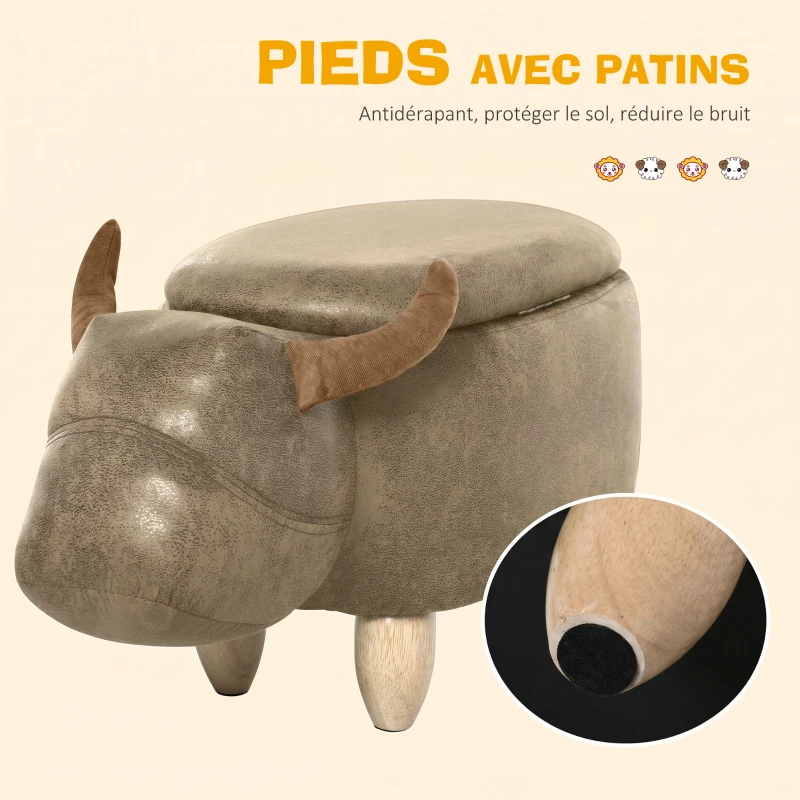 HOMCOM Tabouret Vache - Pouf Vachette - Pouf Taureau Coffre de Rangement 2 en 1 - Pieds Bois d'hévéa revêtement synthétique Aspect Daim Vieilli Marron