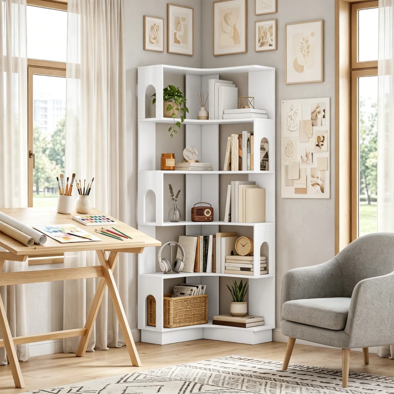 HOMCOM Estantería de esquina, estante de almacenamiento de 6 niveles con paneles laterales arqueados, 60 x 60 x 165,5 cm, blanco