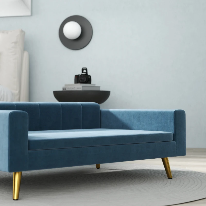 PawHut Sofá para cão cama para cão design escandinavo almofada macia pés metal dourado 94 x 59,5 x 31,5 cm veludo sedoso azul