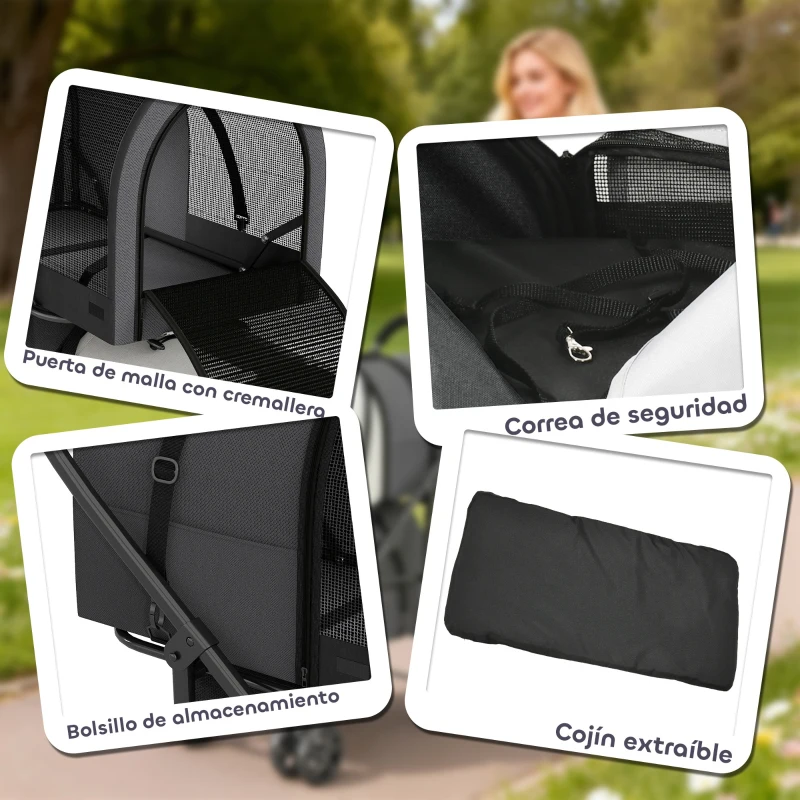 PawHut Carrito Doble para Perros Gatos Plegable con 2 Transportines Extraíbles con Cinturón y Cojines 66x50x98cm Gris Oscuro