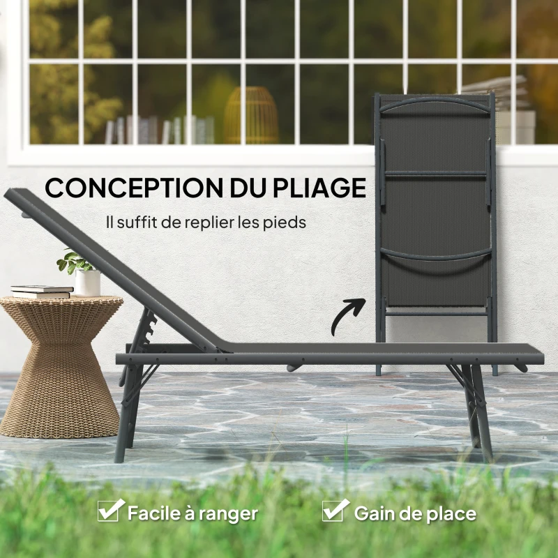 Outsunny Lot de 2 bain de soleil chaise longue pliante textilène transat jardin extérieur inclinable 54 x 164 x 84 cm noir