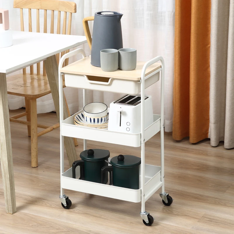HOMCOM Desserte de cuisine chariot de service 2 étagères tiroir plateau aspect bois clair acier PP blanc