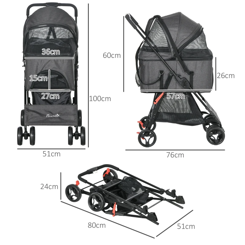 PawHut Carrinho para cães 3 em 1 dobrável cesto de transporte com alça removível almofada 76 x 51 x 100 cm cinza