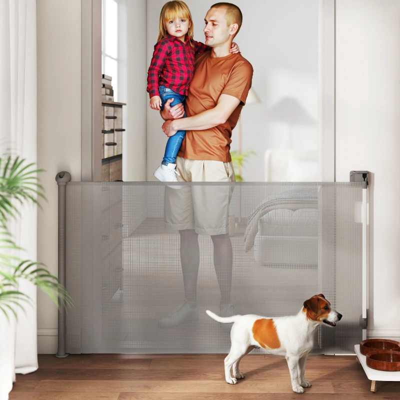PawHut Barreira retrátil para cães largura 149 cm travamento automático - cinza