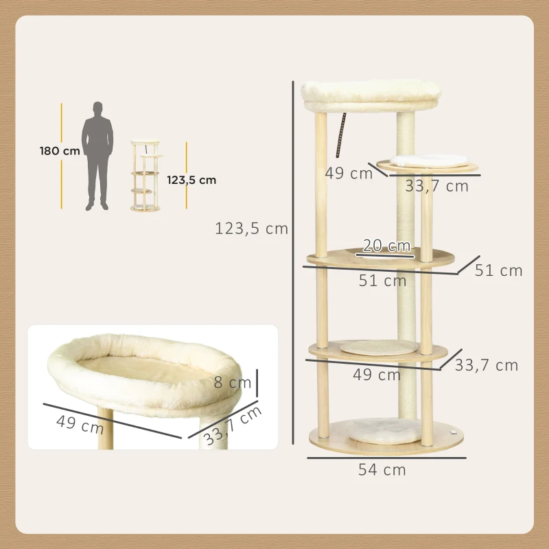 PawHut Arbre à chat griffoir grattoir avec poteaux sisal coussin amovible plateforme peluche et bois hauteur 123,5 cm beige