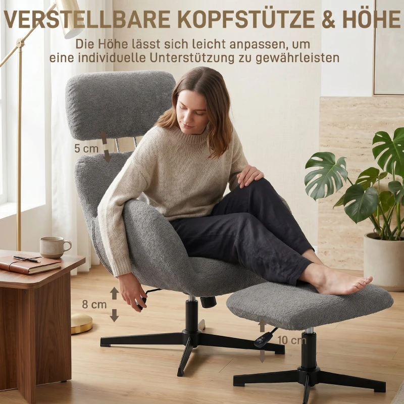 HOMCOM Draaibare Fauteuil met Voetenbank, Hoogte Verstelbare Accentstoel met Verstelbare Hoofdsteun, Schommelfunctie, Grijs