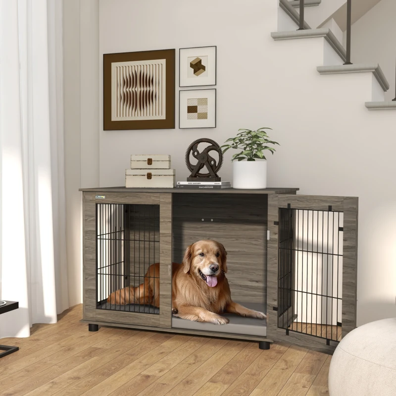 PawHut Gaiola para cão 2 em 1 mesa de apoio com almofada de pelúcia removível porta com fecho 100 x 60 x 73,5 cm cinza