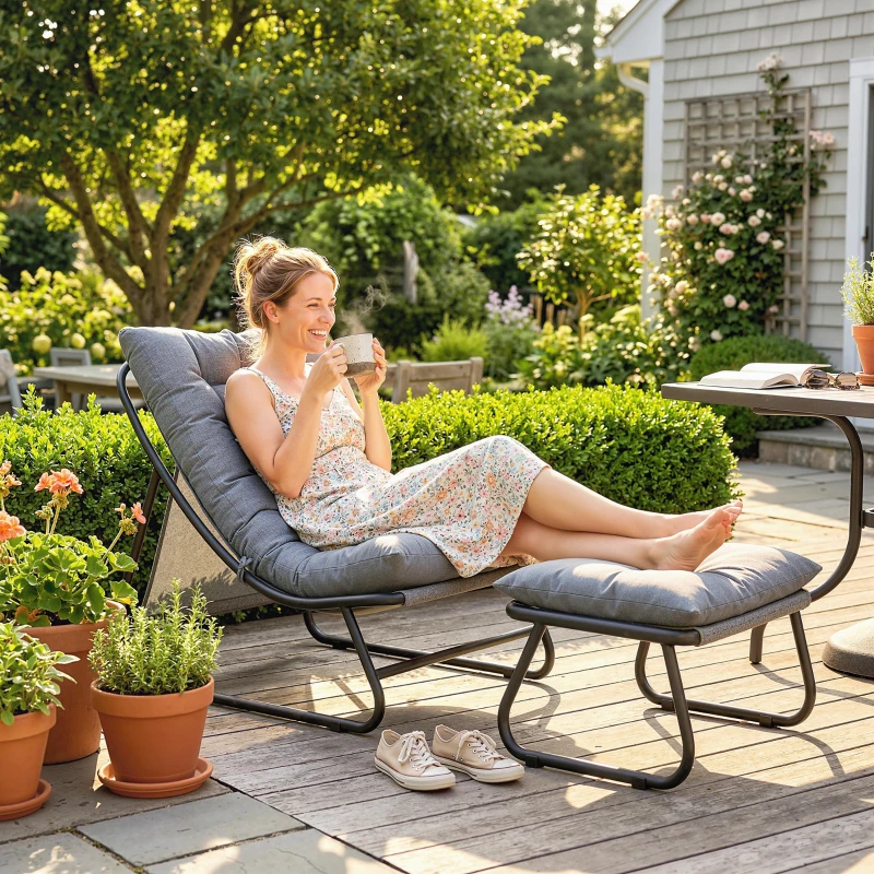 Outsunny Fauteuil de Jardin Relax avec Repose-pieds 2 Pièces avec Coussin Ultra Épais 13cm Tissu Cationique Gris
