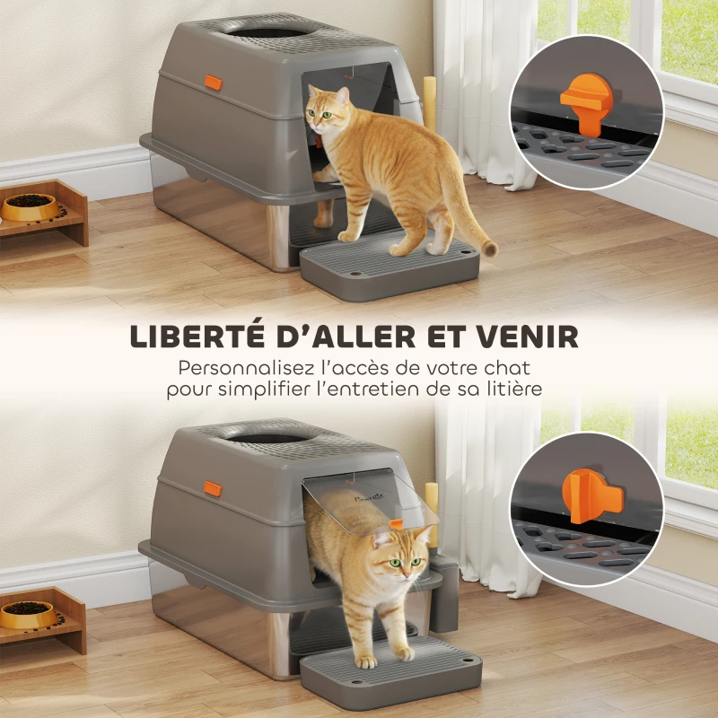PawHut Bac à litière fermé maison de toilette pour chat acier inoxydable couvercle marche anti-dispersion 60x40x38cm gris foncé