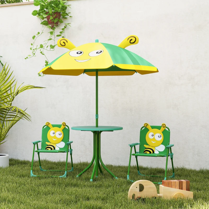 AIYAPLAY Conjunto de móveis de jardim para crianças, cadeiras, mesa, guarda-sol, design de abelha, Verde+Amarelo
