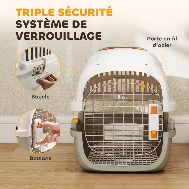 PawHut Caisse de transport chat et chien, cage de transport avec porte acier, bol de nourriture, 49 x 32 x 31 cm, gris et crème