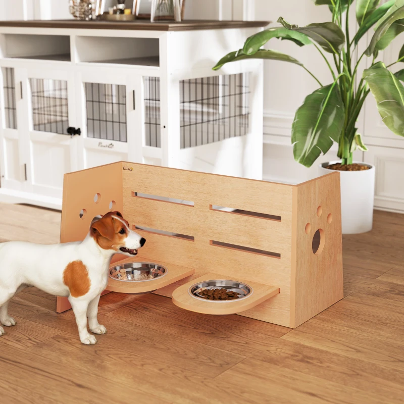 PawHut Comedouro elevado para cães de 3 alturas ajustáveis comedouro para cão 2 tigelas aço inoxidável 63 x 58,5 x 40 cm carvalho