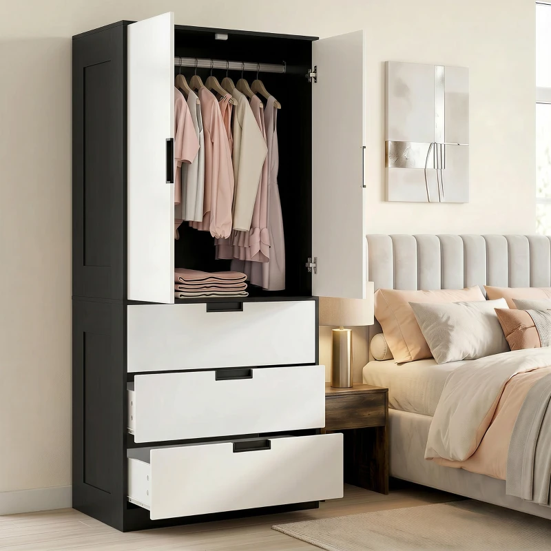 HOMCOM 2 Door Wardrobe, Modern Wardrobe with 3 Drawers and Hanging Rod for Bedroom, Black