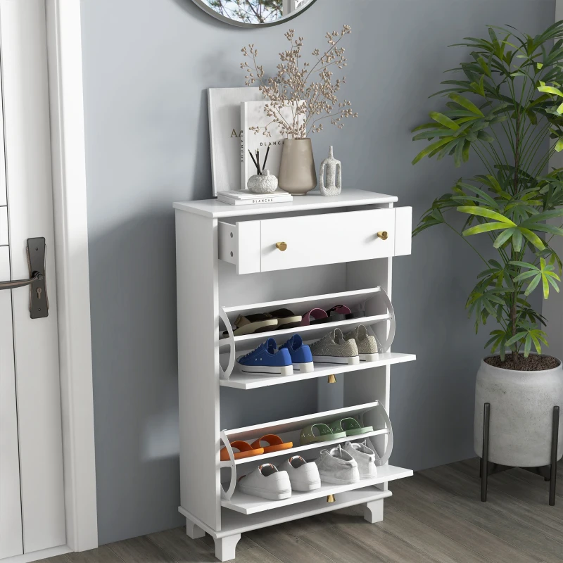 HOMCOM Scarpiera Salvaspazio Slim con 2 Ante a Ribalta, Scarpiera Ingresso con Ripiani Regolabili, Cassetto, Base Rialzata, Bianco