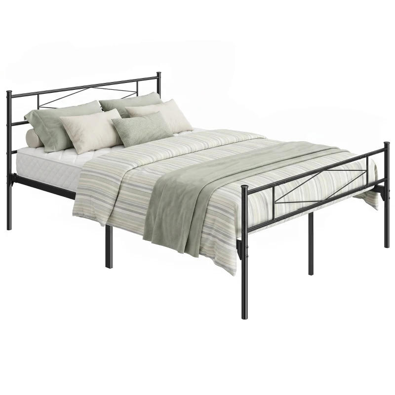 HOMCOM 4ft6 Double Bed Frame with Headboard and Footboard, Metal Platform Bed Frame with 32 cm Underbed Storage, Black