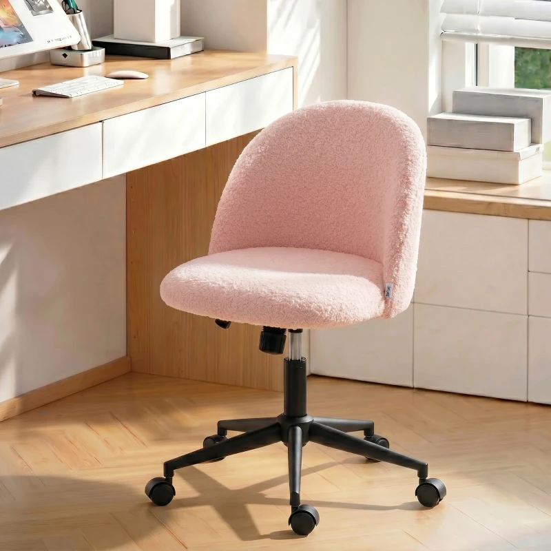 HOMCOM Draaibare bureaustoel van teddy-fleece, in hoogte verstelbaar, met wielen, comfortschuim, roze