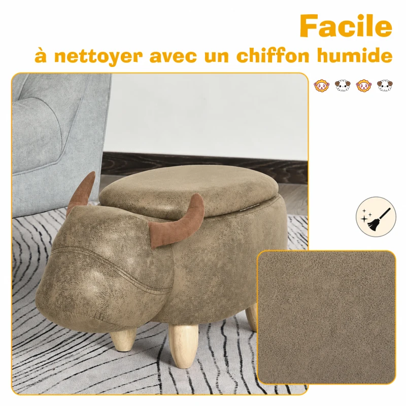 HOMCOM Tabouret Vache - Pouf Vachette - Pouf Taureau Coffre de Rangement 2 en 1 - Pieds Bois d'hévéa revêtement synthétique Aspect Daim Vieilli Marron