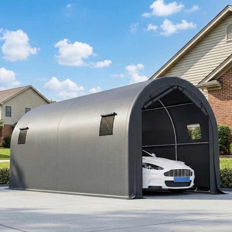 Outsunny Carport 3x6m, Garaj Portabil cu Ușă și Ferestre, Gri Închis