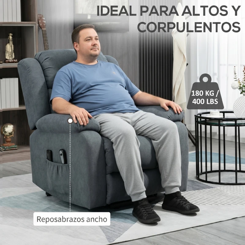 HOMCOM Sillón Eléctrico Elevador Reclinable 135° en Tejido Efecto Lino con Reposapiés Gris