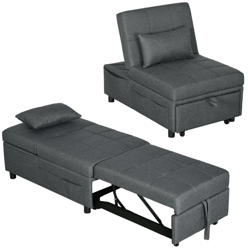 HOMCOM Fauteuil convertible 1 place fauteuil lit avec dossier réglable, siège rembourré et oreiller, gris