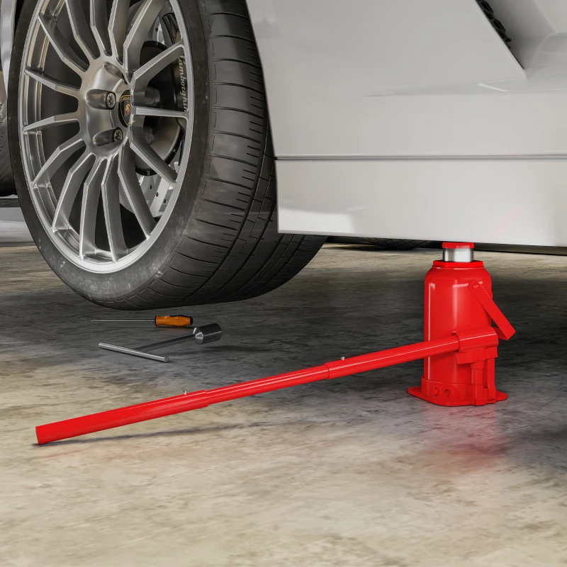 HOMCOM Macaco tipo garrafa hidráulico 12 T, macaco hidráulico tipo garrafa faixa de elevação 19-37 cm alça longa e assento, vermelho