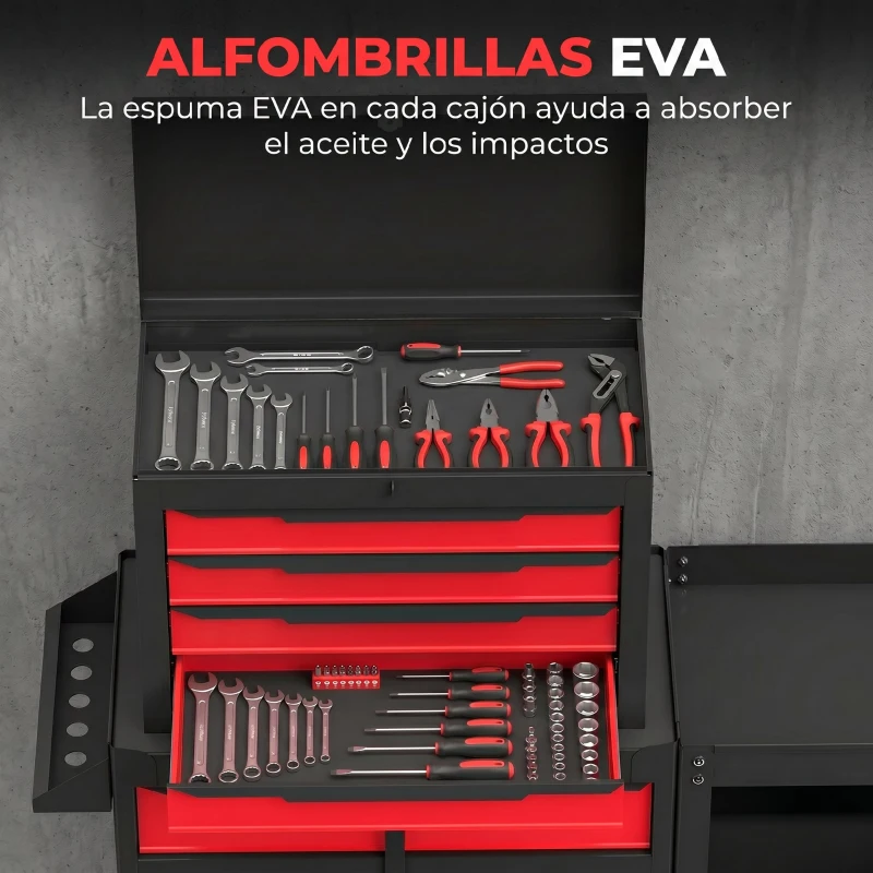 HOMCOM Carro de Herramientas con Ruedas 3 en 1 con 5 Cajones y Armario Inferior Paneles Perforados y Cerradura Negro y Rojo