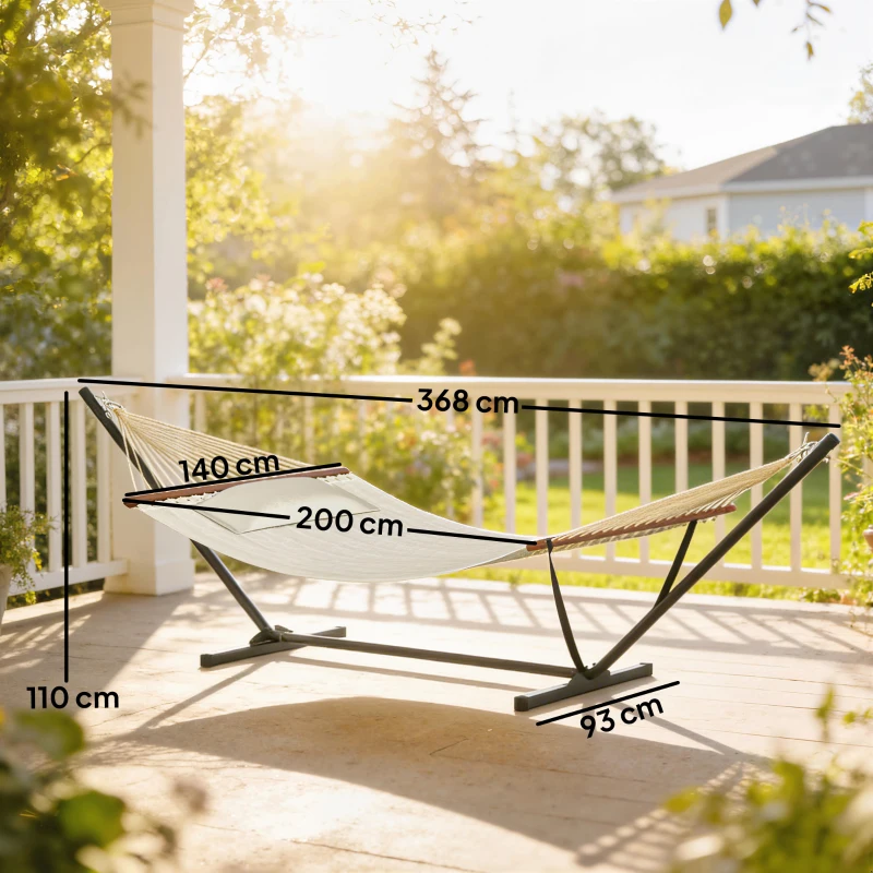 Outsunny Hamac sur pied, hamac avec support en acier, oreiller, barres d'écartement, 368 x 140 x 110 cm, crème