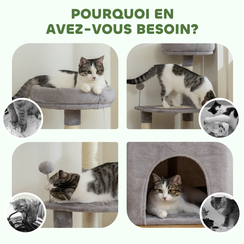 PawHut Árvore para gatos torre de atividades para gatos arranhadores sisal, plataforma, toca, pelúcia, bolas, 49x49x114cm cinza claro