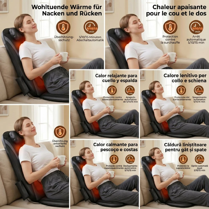 HOMCOM Scaun de Masaj cu Încălzire, Shiatsu și Frământare pentru Spate, Vibrație pentru Șolduri și Coapse, Negru