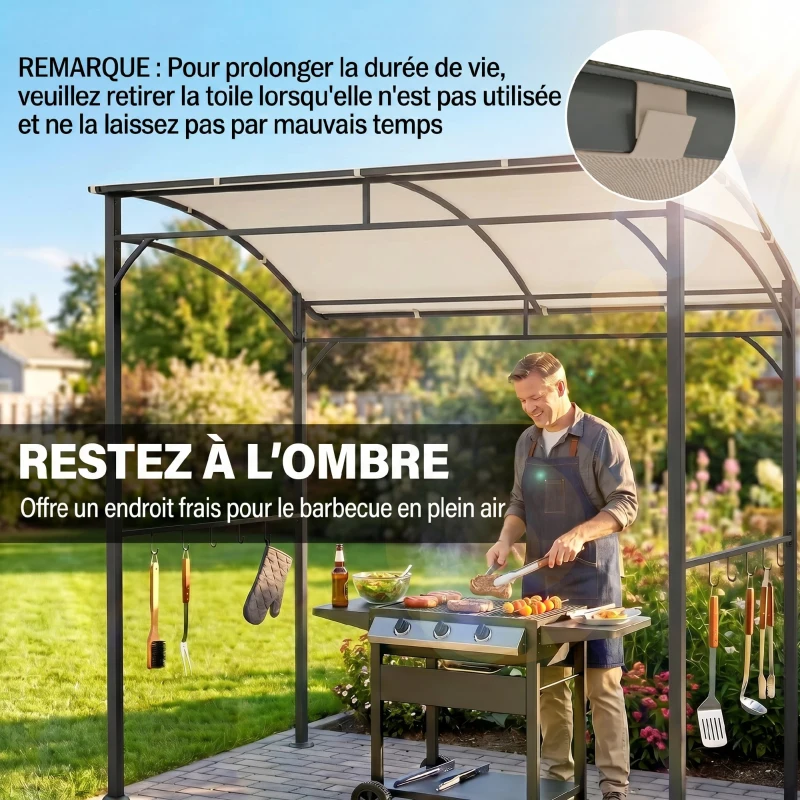 Outsunny Abri pour Barbecue, Tonnelle de Jardin 215 x 150 x 220 cm en Métal avec Crochets pour Terrasse, Jardin, Cour, Beige