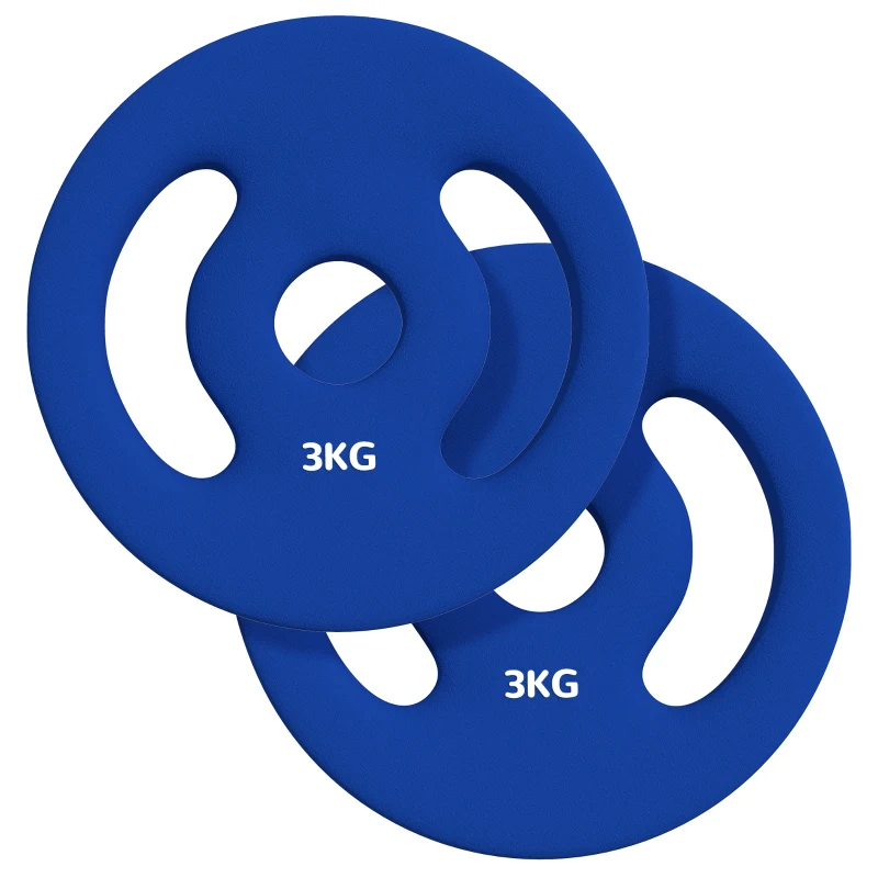 SPORTNOW Conjunto de 2 discos de peso 2 x 3 kg discos de halteres para barras Ø 2,5 cm com pegas fáceis de segurar em metal, azul