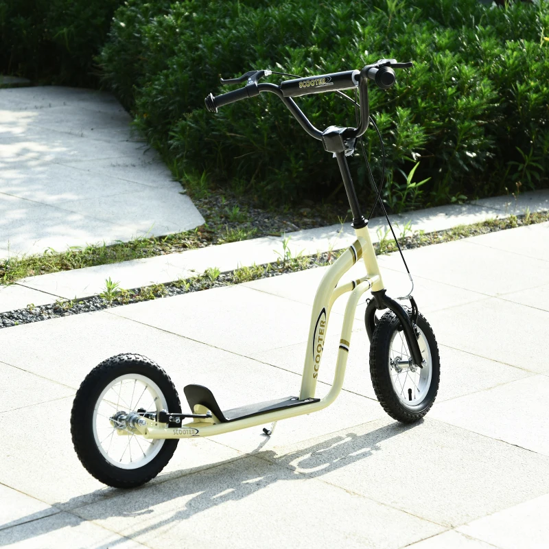 HOMCOM Patinete Infantil com guidão ajustável, rodas grandes e freio manual, patinete 30 cm Cityroller para meninos e meninas a partir de 5 anos até 100 kg Metal Bege