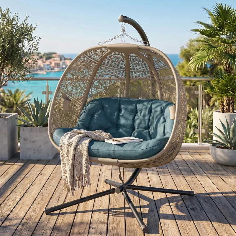 Outsunny hangstoel voor twee personen kleur zwart+zand 132L x 126W x 172H cm