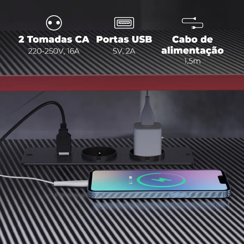 HOMCOM Secretária de Canto com Tomadas em Forma de L 128x128 cm com Suporte para Monitor Gancho e Suporte para Copos Preta