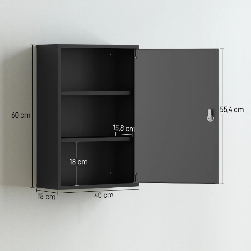 kleankin Wand-Medizinschrank, Badezimmerschrank mit 3 Regalböden, 2 Schlüsseln, 40 x 18 x 60 cm, Schwarz