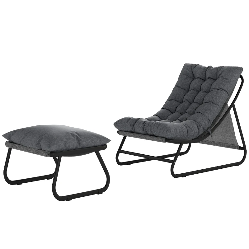 Outsunny Fauteuil de Jardin Relax avec Repose-pieds 2 Pièces avec Coussin Ultra Épais 13cm Tissu Cationique Gris