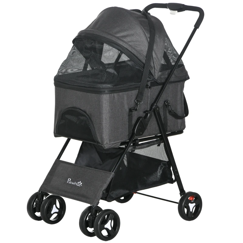 PawHut Carrinho para cães 3 em 1 dobrável cesto de transporte com alça removível almofada 76 x 51 x 100 cm cinza