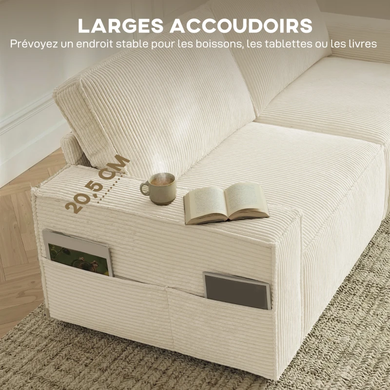 HOMCOM Canapé 3 places en velours côtelé 218 cm, canapé salon,  coussins à ressorts, larges accoudoirs, 2 coussins, beige
