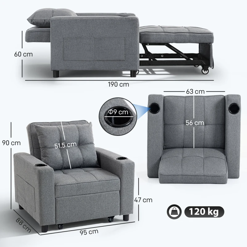 HOMCOM 3-in-1 Single Sofa Bed, Convertible Sleeper Chair Bed - Dark Grey