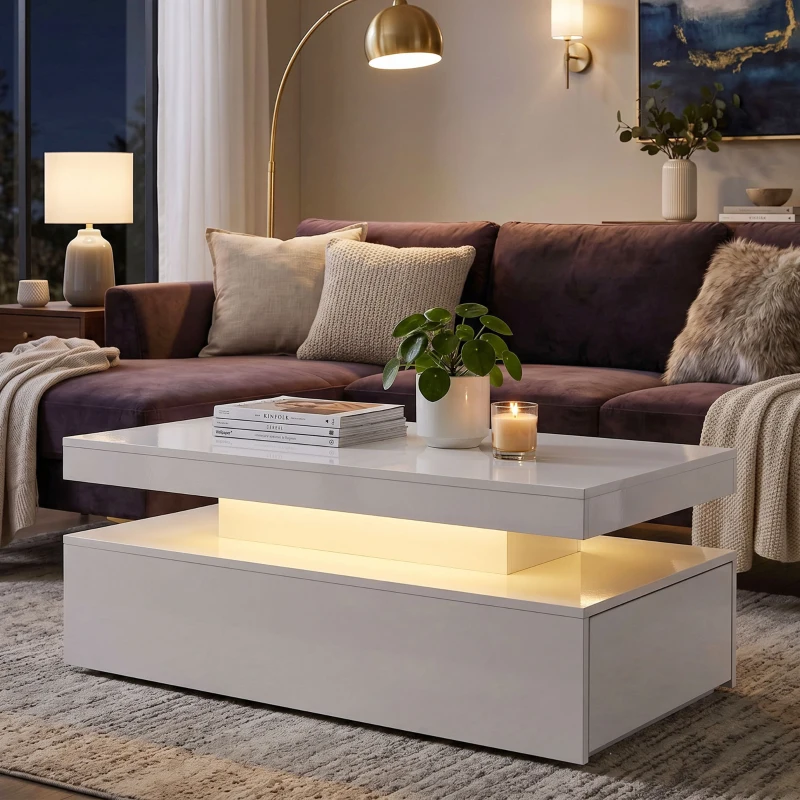 HOMCOM Table basse LED avec rangement, table de salon moderne 2 niveaux avec 2 tiroirs, blanc laqué