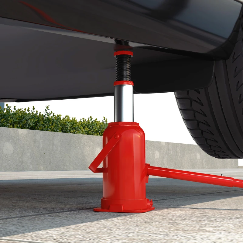 HOMCOM Macaco tipo garrafa hidráulico 12 T, macaco hidráulico tipo garrafa faixa de elevação 19-37 cm alça longa e assento, vermelho