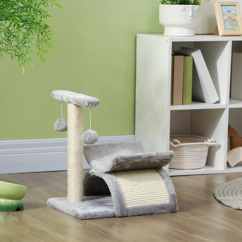 PawHut Arbre à chat, tour de jeux pour chats avec pont à griffer en sisal, tunnel demi-rond 2 balles 40 x 30 x 43 cm gris