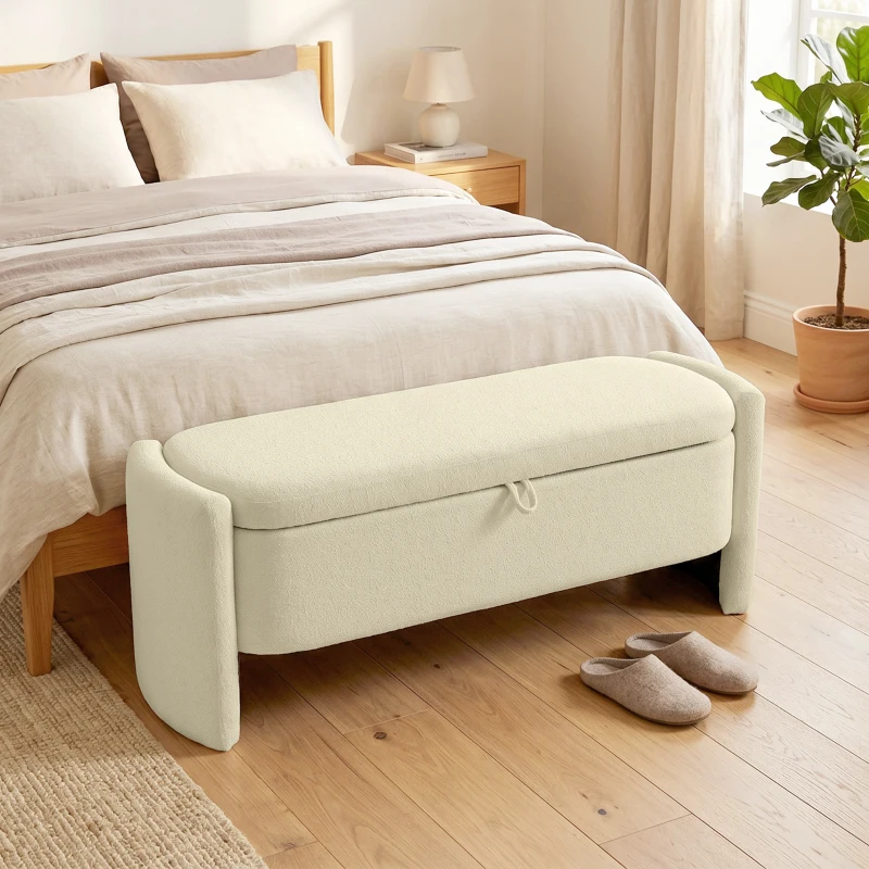 HOMCOM Bancă capăt de pat, 118x42x45cm, banc de depozitare tapițat în material bouclé, picioare din lemn de eucalipt, Crem