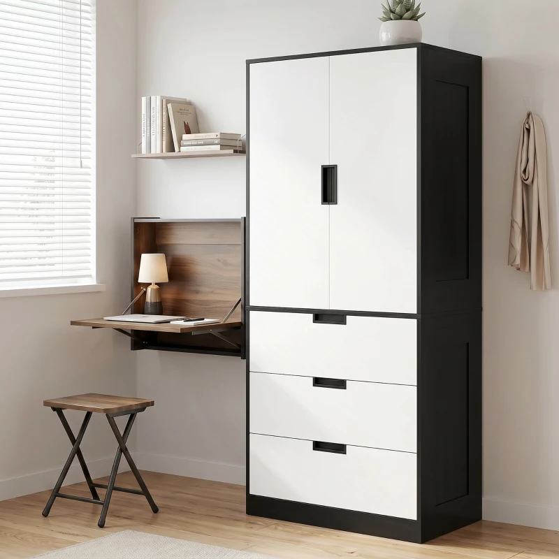 HOMCOM 2 Door Wardrobe, Modern Wardrobe with 3 Drawers and Hanging Rod for Bedroom, Black